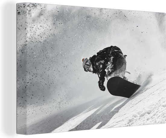 Un snowboarder fait une toile de virage élégante 90x60 cm - Tirage photo sur toile (Décoration murale salon / chambre)