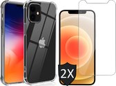 iPhone 12 Hoesje en Screenprotector - iPhone 12 Hoesje Transparant Siliconen Shockproof Case + 2x Screen Protector Glas