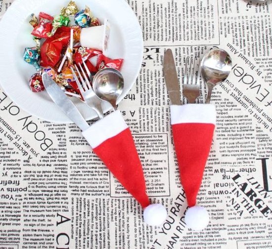Kerstdecoratie voor bestek - 4 STUKS - Kerstmuts voor bestek -  Kerstdecoratie voor aan... | bol.com