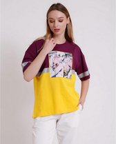 La Pèra Paars Geel T-shirt met animatie Anime 95% Katoen Dames - maat S