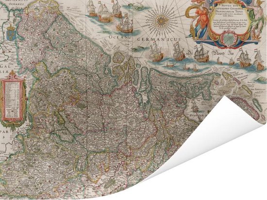 Carte historique détaillée des Pays-Bas avec des navires et du texte.