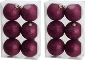 12x Aubergine roze kunststof kerstballen 8 cm - Glitter - Onbreekbare plastic kerstballen - Kerstboomversiering aubergine roze