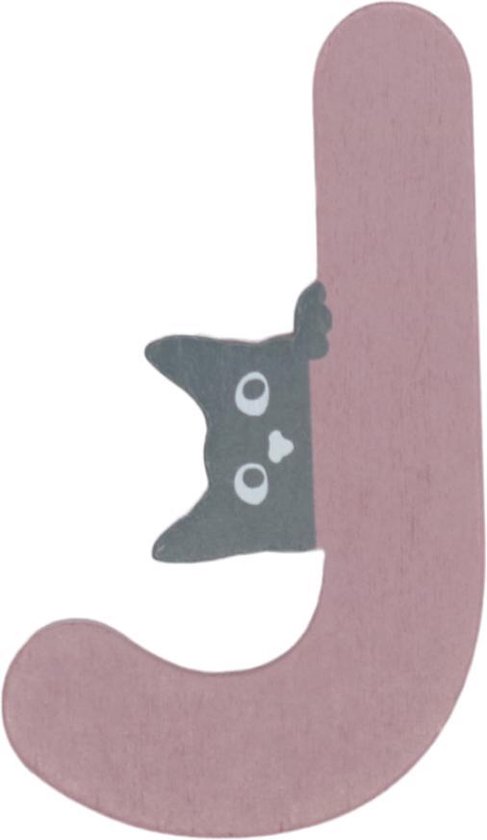Lettre en bois J rose avec chat | 9 cm