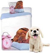 Honden dekbedovertrek set 140 x 200 cm, incl. super zachte witte Labrador knuffel 20 cm , kinderen slaapkamer eenpersoons dekbedovertrek