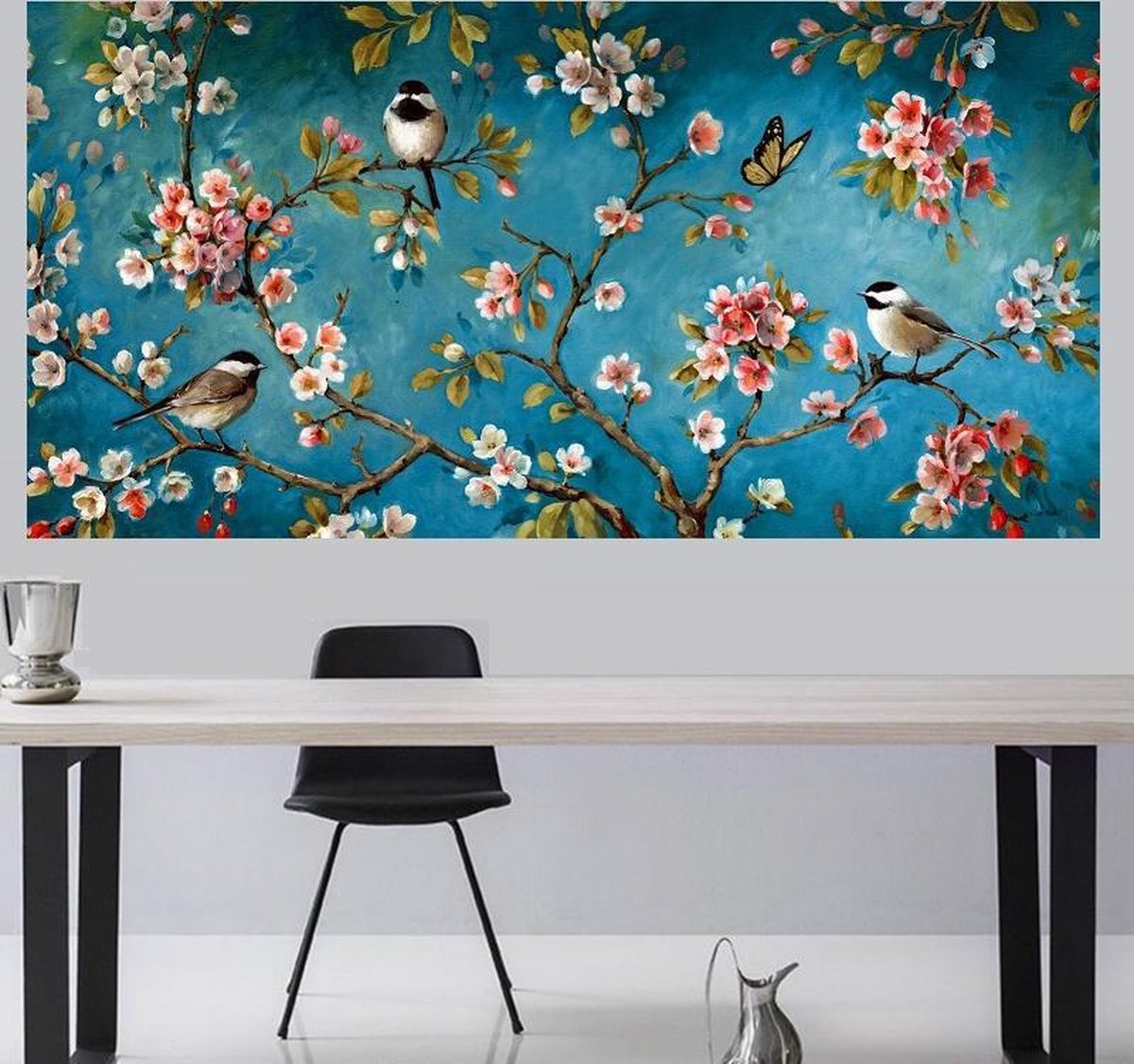 Allernieuwste Canvas Schilderij Blossom - Blauw Bloemen & Vogels - Realistisch - Poster - 60 x 120 cm - Kleur - Allernieuwste