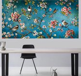 Allernieuwste Canvas Schilderij Blossom - Blauw Bloemen & Vogels - Realistisch - Poster - 60 x 120 cm - Kleur