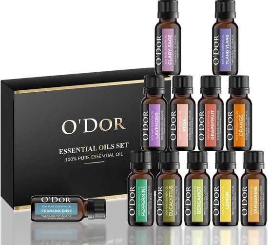 O'dor® Cadeau Set Aroma Diffuser met Extra 12 flesjes Etherische Olie - Vernevelaar - Luchtbevochtiger – Verdamper – Aromatherapie - Geurverspreider - Donkerbruin - O'dor