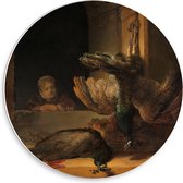 Forex Wandcirkel - Oude meesters - Stilleven met pauwen, Rembrandt van Rijn, ca. 1639 - 30x30cm Foto op Wandcirkel (met ophangsysteem)