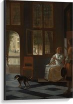 Canvas  - Oude meesters - Het aanreiken van brief in voorhuis, Pieter de Hooch - 60x90cm Foto op Canvas Schilderij (Wanddecoratie op Canvas)