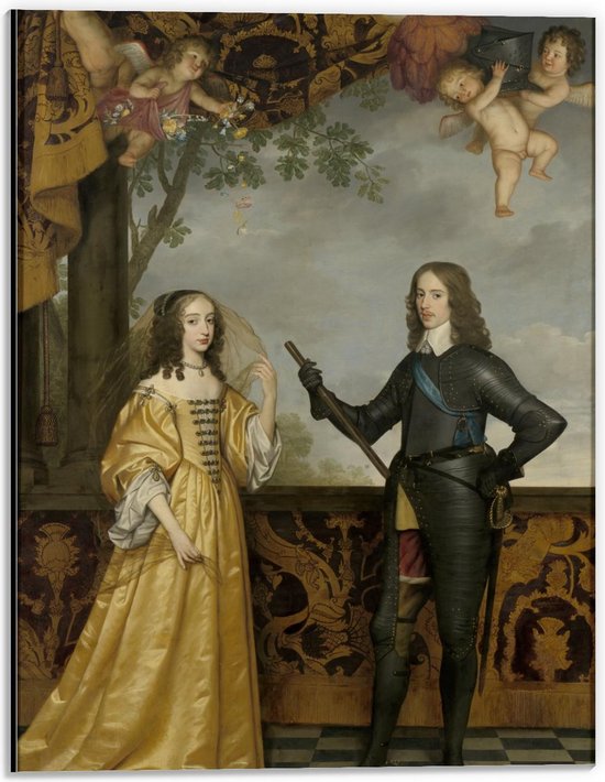 Dibond - Oude meesters - Portret Willem II & echtgenote, Gerard van Honthorst - 30x40cm Foto op Aluminium (Wanddecoratie van metaal)