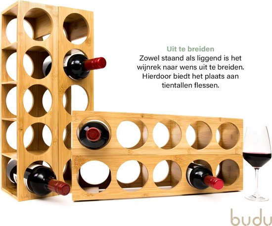 Budu Wijnrek Bamboe 5 flessen - Wijnrek hout - Stapelbaar - Uitbreidbaar - Houten wijnrek - Flessenrek - Bamboe wijnrekken - Wijnrek staand - Wijnfleshouder - budu