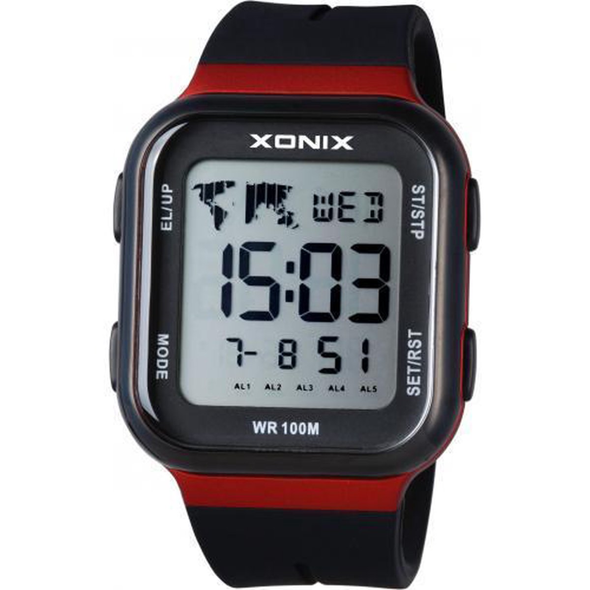 Xonix DAP-002 - Horloge - Digitaal - Unisex - Rechthoek - Siliconen band - ABS - Cijfers - Achtergrondverlichting - Alarm - Start-Stop - Chronograaf - Tweede tijdzone - Waterdicht - 10 ATM - Zwart - Rood
