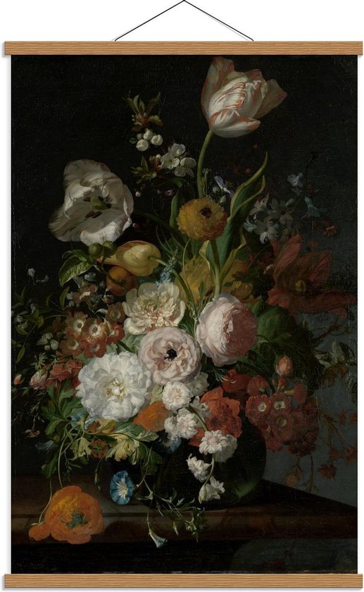 Schoolplaat – Oude meesters - Stilleven: bloemen in een glazen vaas, Rachel Ruysch - 60x90cm Foto op Textielposter (Wanddecoratie op Schoolplaat)