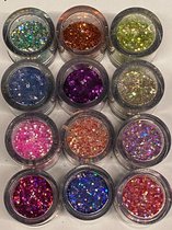 Nail Art - Nagel Glitters - Acryl - Gel - Gezicht - Ogen - Lippen - Lichaam - Diverse Kleuren - Set 12 Stuks x 10 ML
