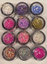 Nail Art - Nagel Glitters - Acryl - Gel - Gezicht - Ogen - Lippen - Lichaam - Diverse Kleuren - Set 12 Stuks x 10 ML