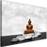 Schilderij Boeddha op stenen, 2 maten, zwart-wit/oranje, Premium print
