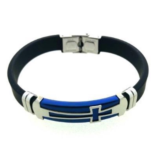 Siliconen armband met RVS accenten blauwe plaat