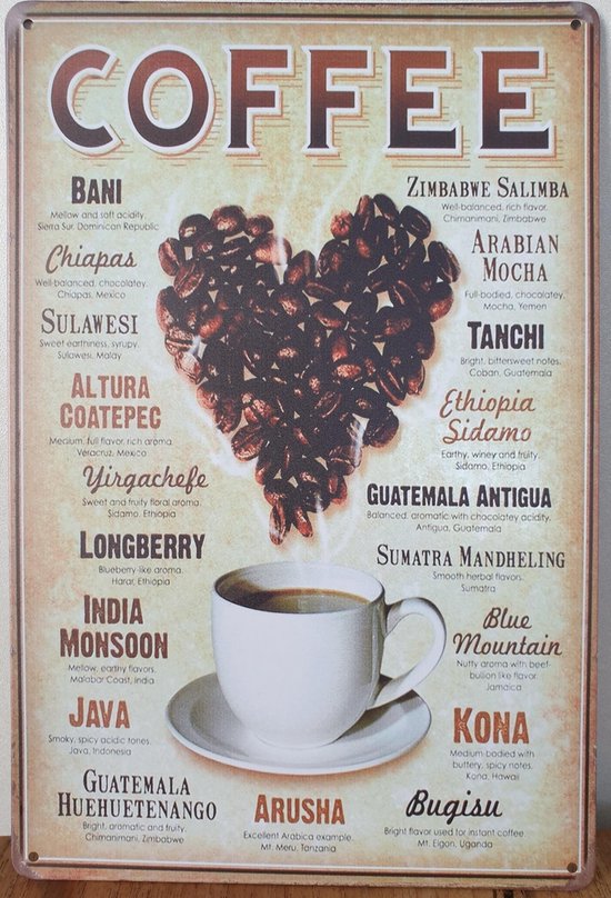 Koffie Soorten Coffee bonen Reclamebord van metaal METALEN-WANDBORD - MUURPLAAT - VINTAGE - RETRO - HORECA- BORD-WANDDECORATIE -TEKSTBORD - DECORATIEBORD - RECLAMEPLAAT - WANDPLAAT - NOSTALGIE -CAFE- BAR -MANCAVE- KROEG- MAN CAVE