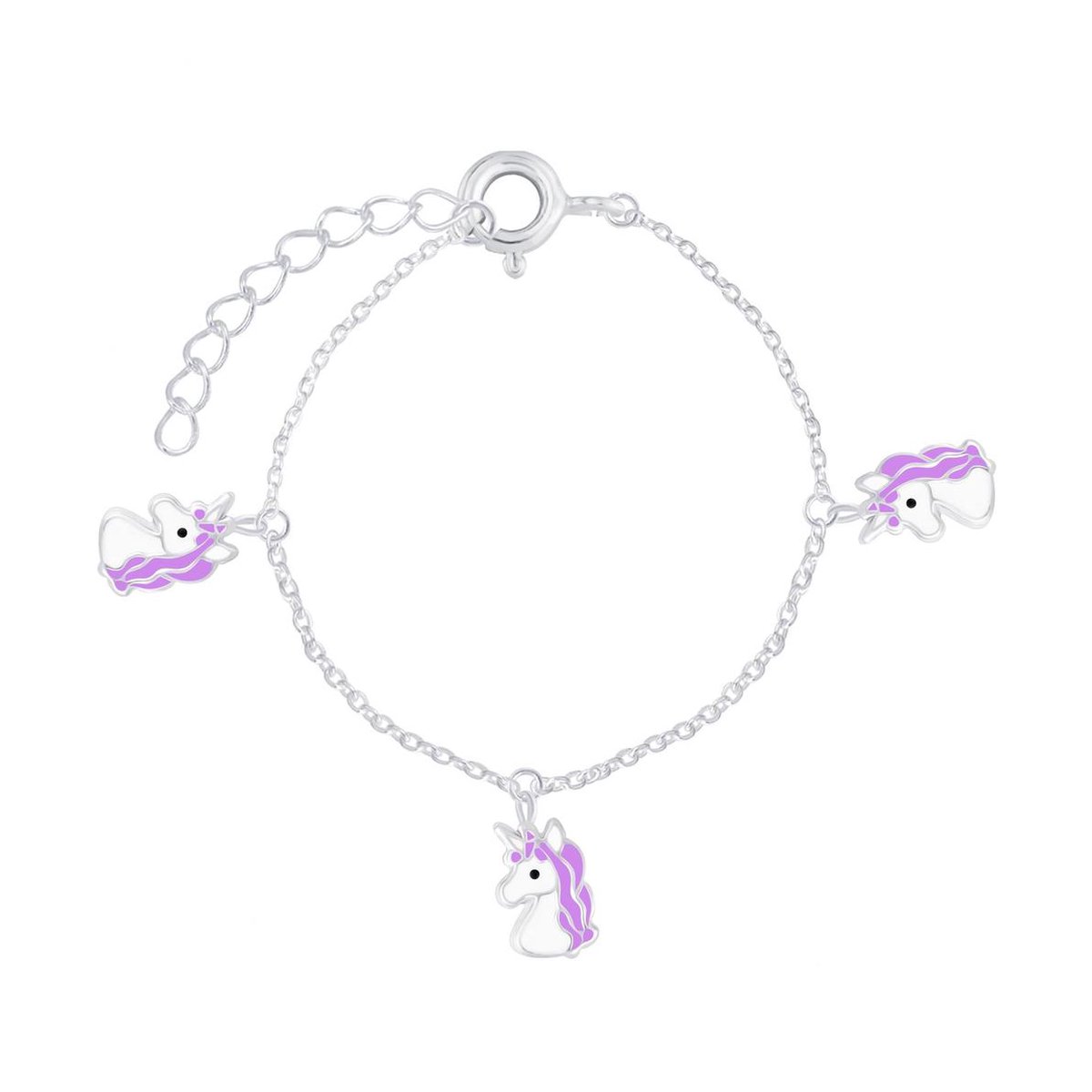 Joy|S - Zilveren eenhoorn bedel armband paars witte unicorn 14 cm + 3