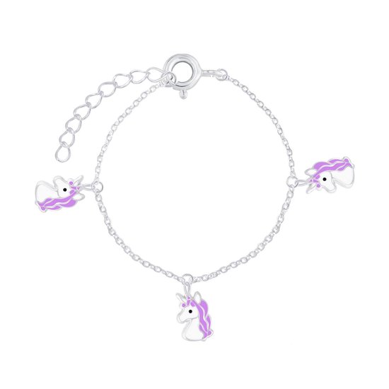 Joy|S - Zilveren eenhoorn bedel armband paars witte unicorn 14 cm + 3
