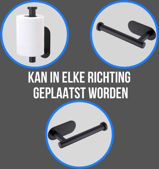 Toiletrolhouder inclusief handdoekhaak - Zonder boren - Zelfklevend - Zwart - Staand - Wc rolhouder - JWRgoods