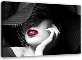 Schilderij , Vrouw met Hoed 2   , zwart wit rood , Premium print