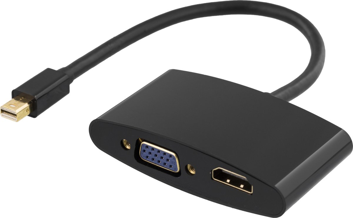 DELTACO DP-HDMIVGA-K, mini DisplayPort naar HDMI en VGA adapter, 1920x1080 @ 60 Hz, Zwart