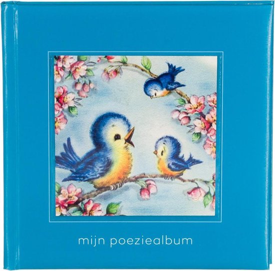 Blauw poëziealbum met illustratie van drie blauwe vogeltjes op een tak met bloesems. Tekst 'mijn poeziealbum'.