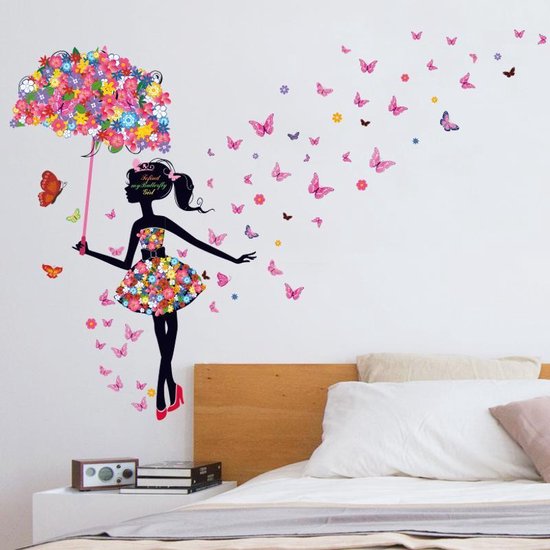 Muursticker | Meisje met paraplu | Vlinders | Wanddecoratie | Muurdecoratie | Slaapkamer | Kinderkamer | Babykamer | Jongen | Meisje | Decoratie Sticker