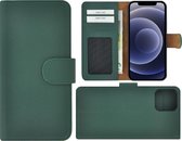 Iphone 12 Pro Hoesje - Leder Bookcase - Iphone 12 Pro Book Case Wallet Echt Leer Dennengroen Cover