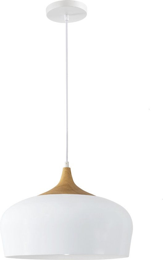 QUVIO Hanglamp Scandinavisch / Plafondlamp / Sfeerlamp / Leeslamp / Eettafellamp / Verlichting / Slaapkamer lamp / Slaapkamer verlichting / Keukenverlichting / Keukenlamp - Rond metaal met houtlook - Diameter 33 cm - Wit en bruin