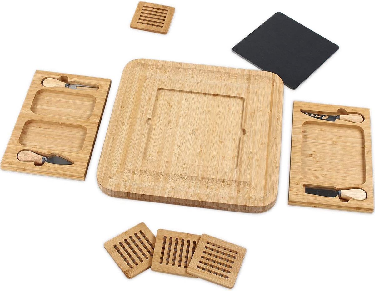 Kaasplank - Bamboe hout - met 2 Lades & 4x Kaas messen — cadeau in Kookcadeaus - foto 2