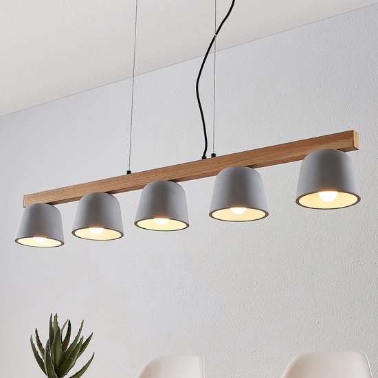 Lucande - hanglamp - 5 lichts - Beton, hout, metaal - E14 - grijs, eik HELL