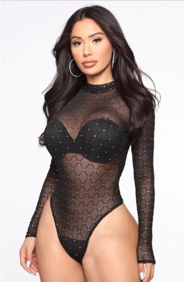 Goedkoopste Zwarte Sprankelende Body met lange mouwen - Sass Black