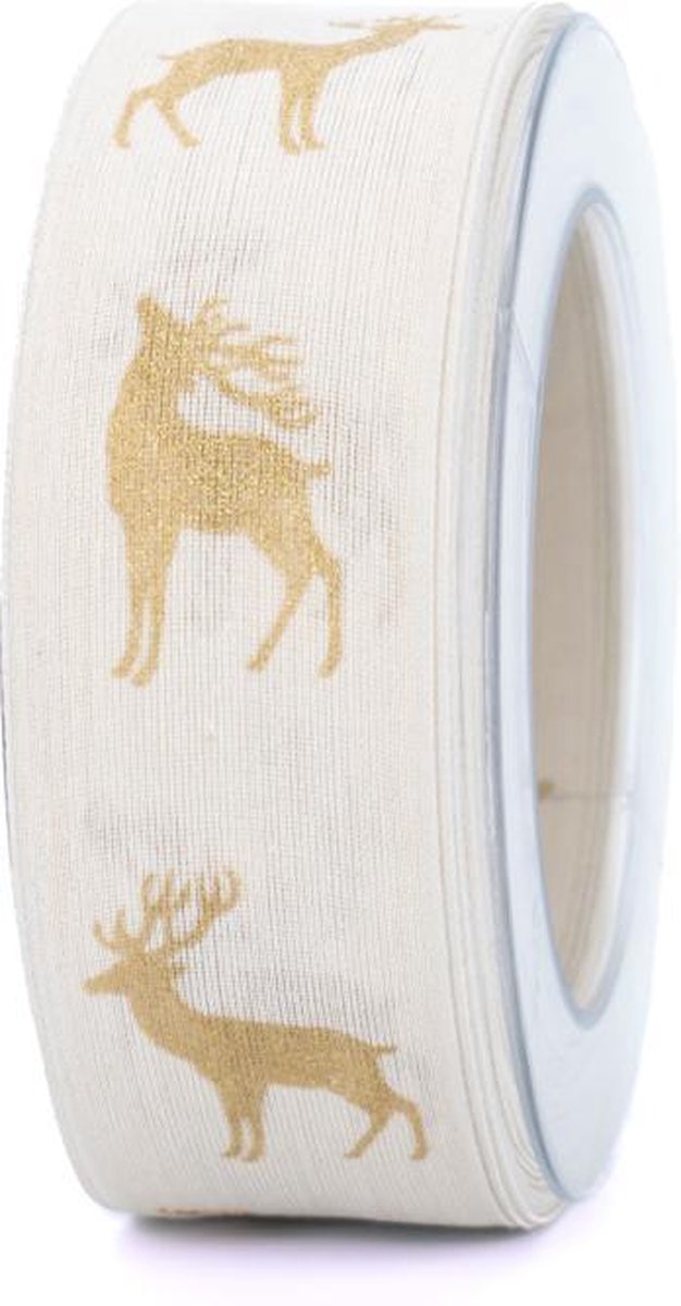 Kerstlint - Wit met gouden rendieren - 4 cm breed - 20 meter lang - Decoratief lint