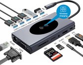 DrPhone MD6 - 13 in 1 - USB-C Hub - Dock - Extra poorten - Tot 3 schermen + Draadloze Laadoptie - 4K HDMI/VGA/Ethernet/Draadloos Opladen/PD/USB & AUX