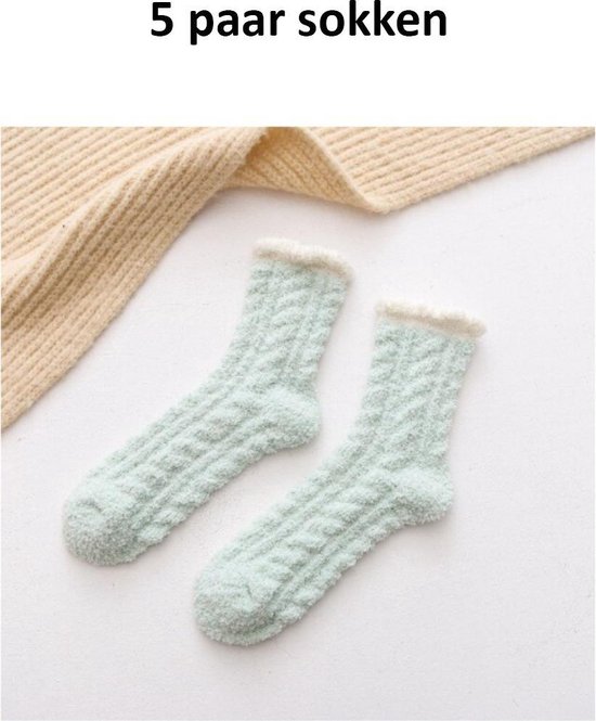 5 paar fuzzy sokken dames – groen – huissokken – huissokken dames – maat 35-40 - Moederdag - Cadeau