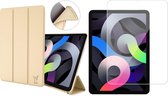 iPad Air 2020 Hoes - iPad Air 2022 Hoes - 10.9 inch - Trifold Smart Book Case Cover Leer Hoesje Goud - Tempered Glass Screenprotector
