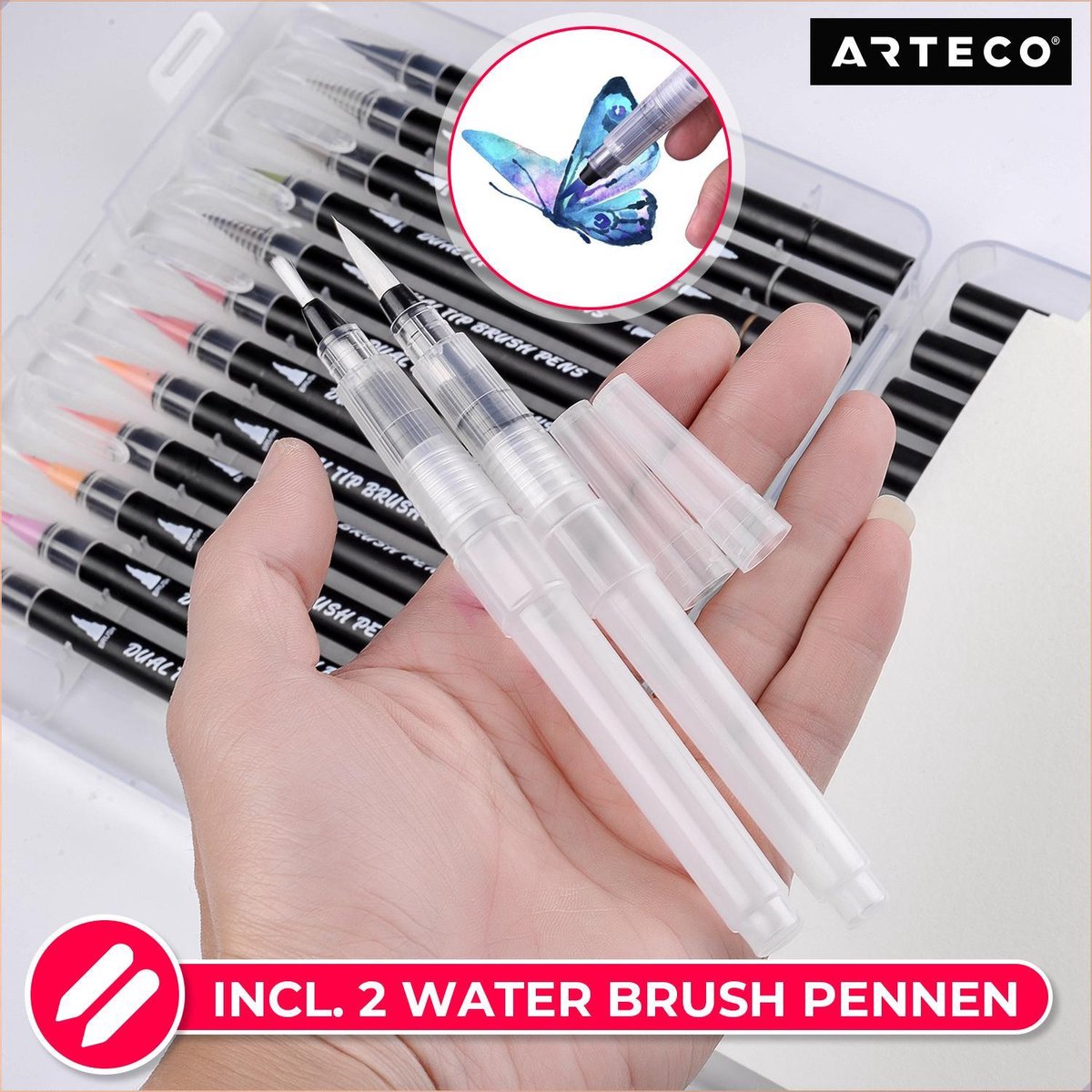 ARTECO® 24 Penseelstiften + 2 Water Brush Pennen Set - Inclusief Aquarel Papier en Sjablonen - Brushlettering – Penseelpen - Cadeau — afbeelding 13