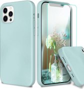 iPhone 12 & iPhone 12 Pro Hoesje Turquoise - Siliconen Back Cover & Glazen Screenprotector