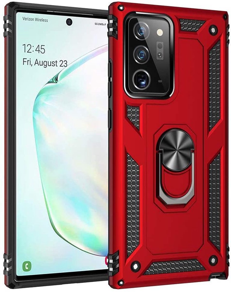 Anti-Shock Hybrid Ring Armor Hoesje Geschikt voor: Samsung Galaxy Note 20 - rood
