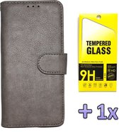 iPhone 12 & iPhone 12 Pro Hoesje Grijs - Luxe Kunstlederen Portemonnee Book Case & Glazen Screenprotector
