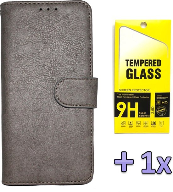 HB Hoesje Geschikt voor Apple iPhone 12 & 12 Pro Grijs - Luxe Kunstlederen Portemonnee Book Case & Glazen Screenprotector