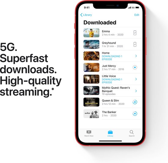 Rode iPhone 12 toont het scherm met gedownloade films en series.