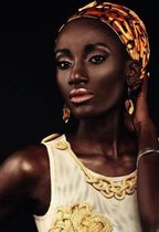 Glasschilderij - Afrikaanse Vrouw - met - hoofddoek - Geel , zwart, goud - 120x80 -