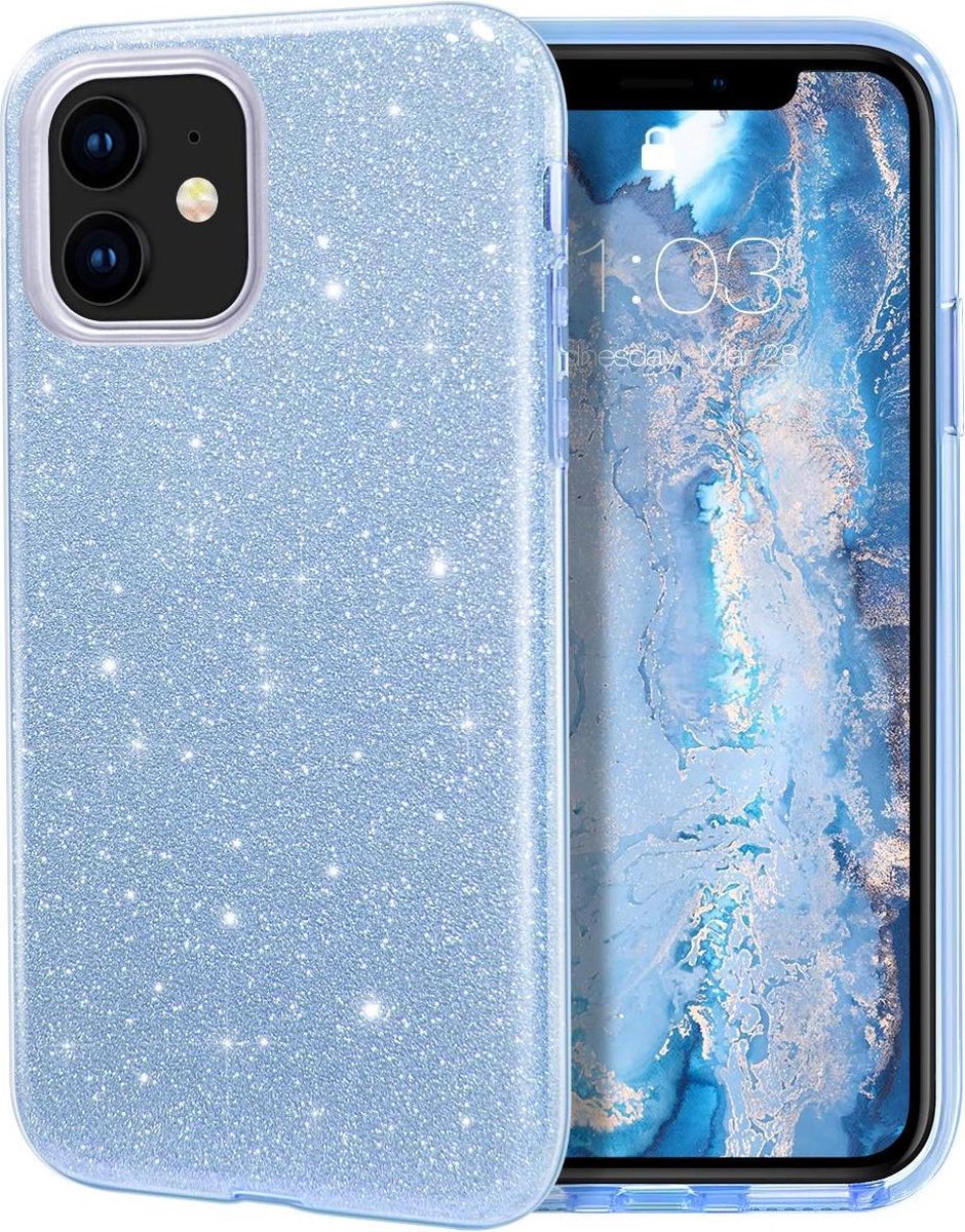 HB Hoesje Geschikt voor Apple iPhone 12 Mini - Blauw - Glitter Back Cover