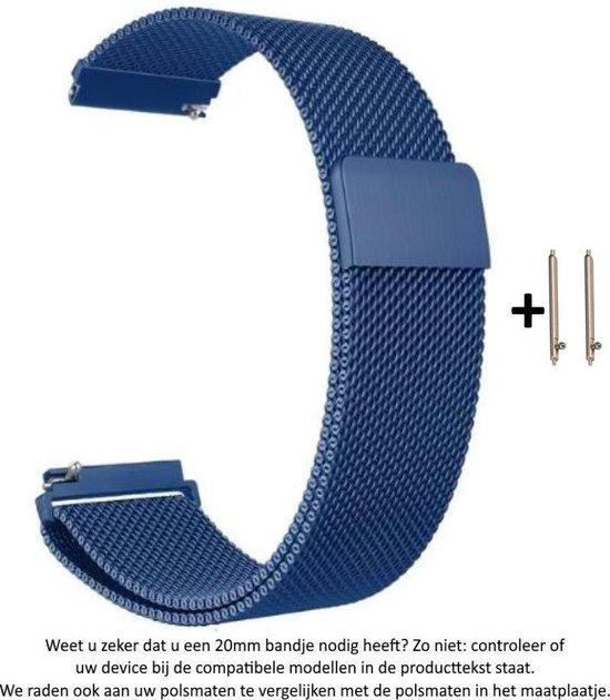 Foto: Blauw milanees stalen sporthorloge bandje voor bepaalde 20mm smartwatches van verschillende bekende merken zie lijst met compatibele modellen in producttekst maat zie foto 20 mm blue milanese smartwatch strap