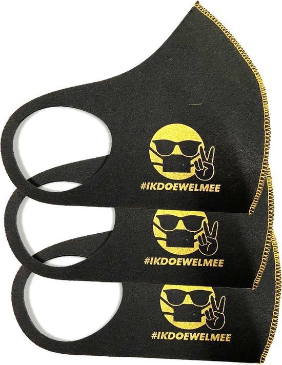 SafeSave zwarte modieuze wasbaar mondkapje- Herbruikbaar en wasbaar design mondkapjes - 100% neopreen waterdicht materiaal- niet medisch masker- Unisex dames en heren maskers- ov verplicht mondkapjes kopen en bestellen- per 3 stuks verpakt