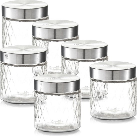 8x Glazen voorraadpotten/bewaarpotten 750 ml geruit 11 x 12 cm - Zeller - Keukenbenodigdheden - Bewaarpotten/voorraadpotten - Voedsel bewaren/opslaan
