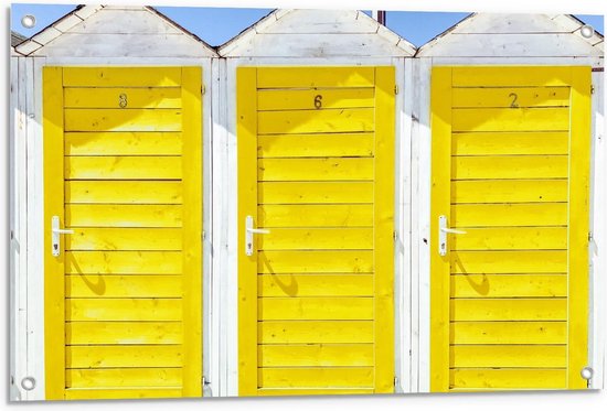 Tuinposter – Gele Huisjes bij het Strand - 90x60cm Foto op Tuinposter  (wanddecoratie voor buiten en binnen)